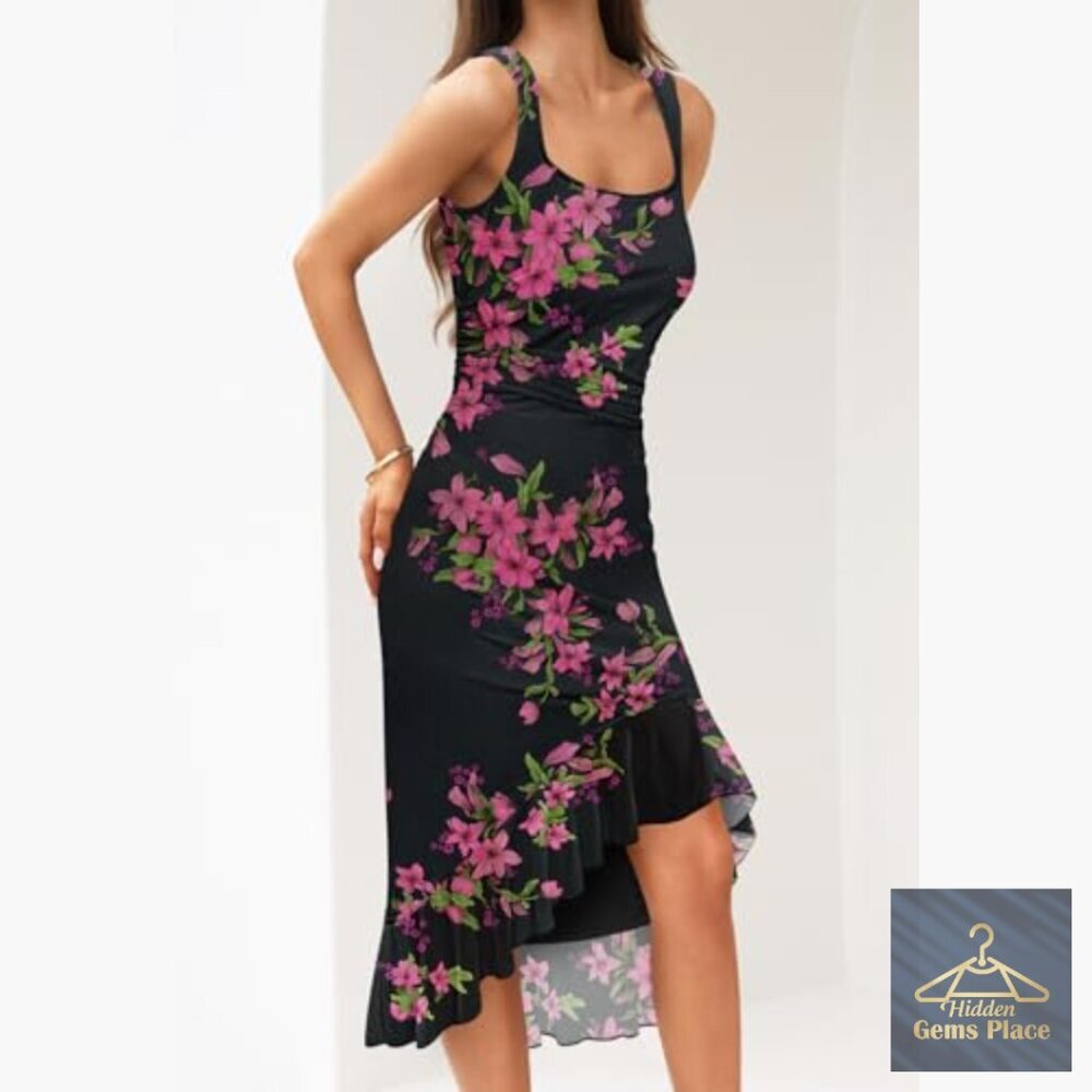 Floral Bodycon Midi Dress Sleeveless Square Neck Ruffle Cocktail - Picture 3 of 7